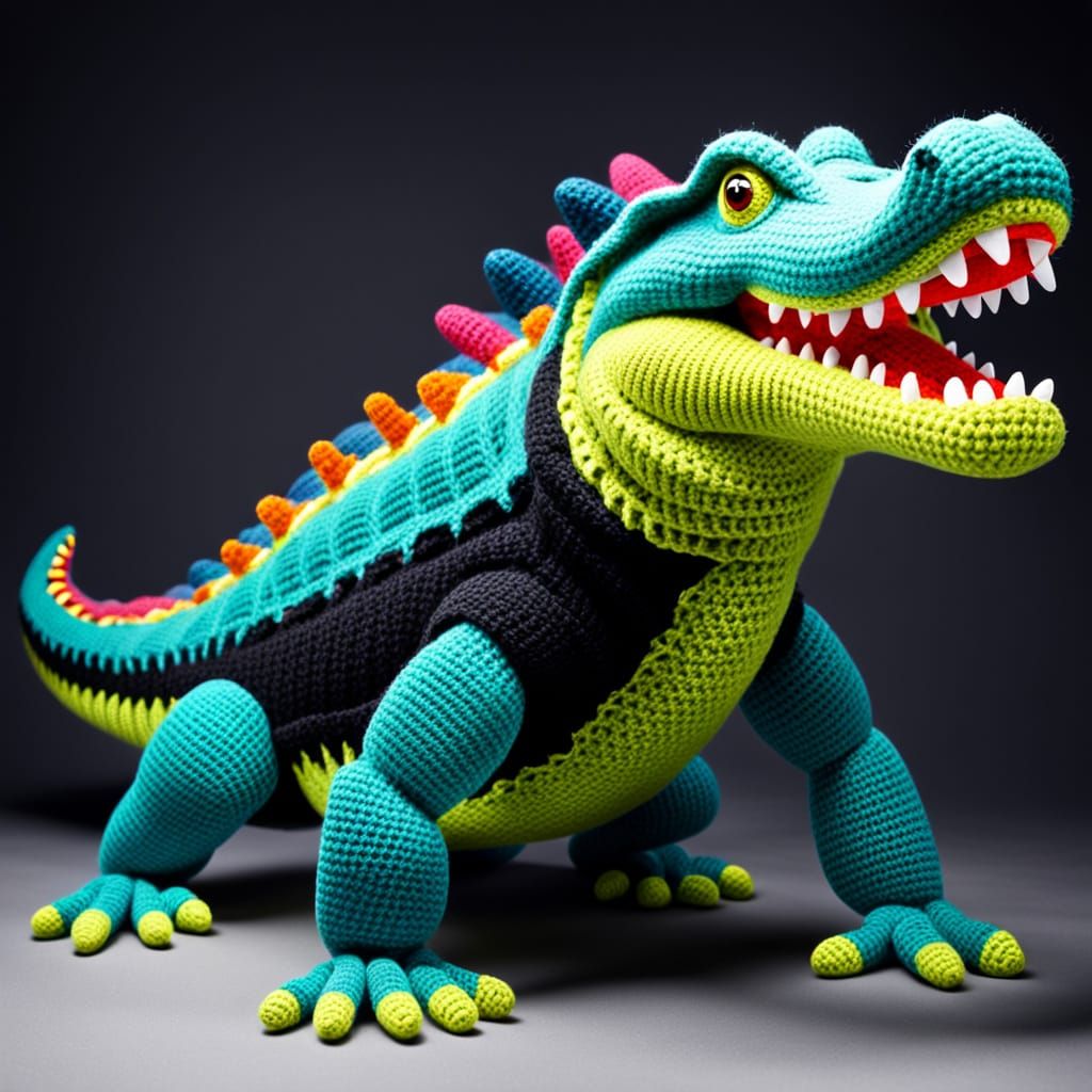 Futuristic Crochet Crocodile Made of Vibrant Yarn