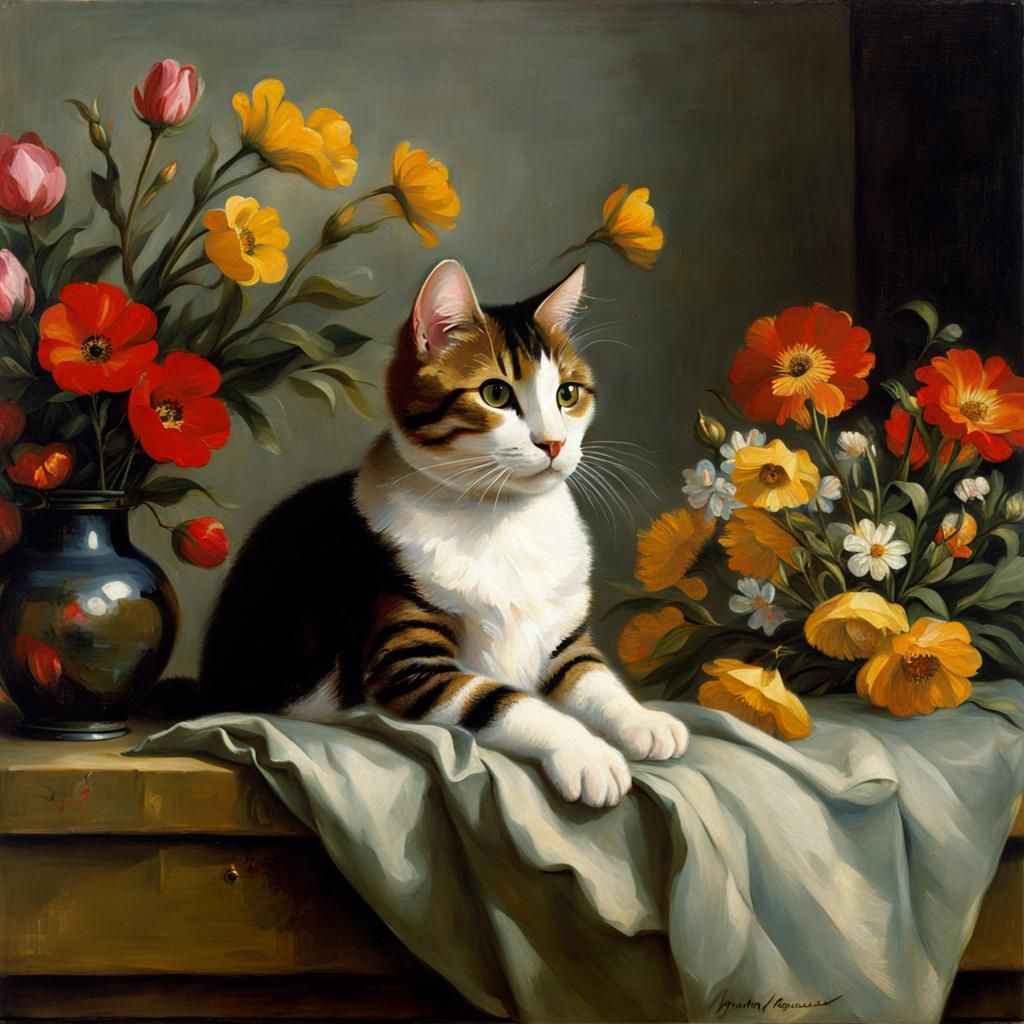 Cute Cat Surrounded by Flowers in Baroque Style