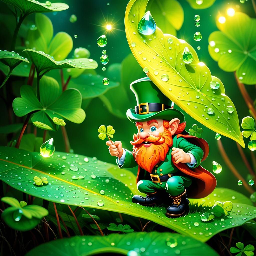 Leprechaun in Enchanted Forest with Rainbow Dewdrop