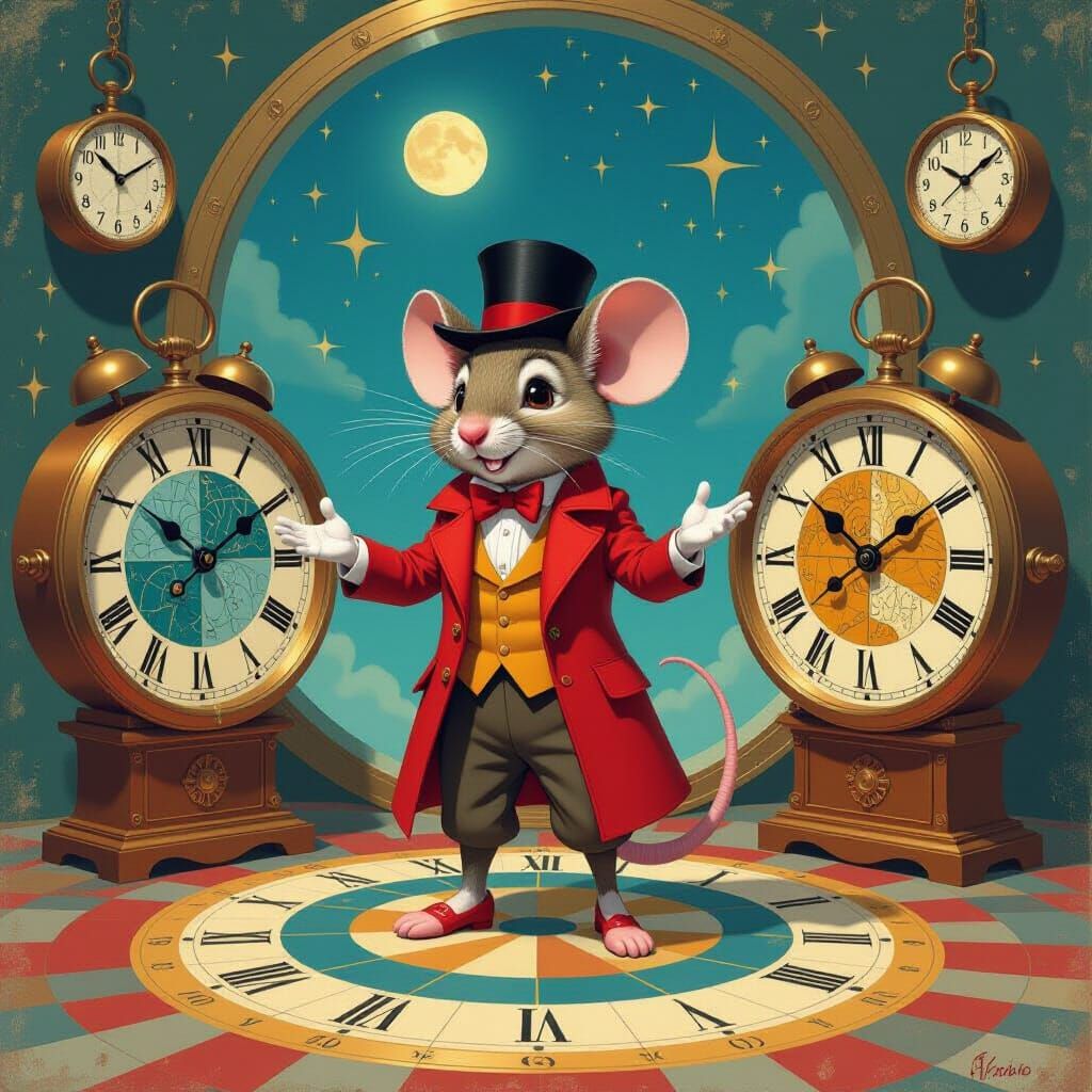 Mouse Explorer Navigates Time Portals in Primitivist Style