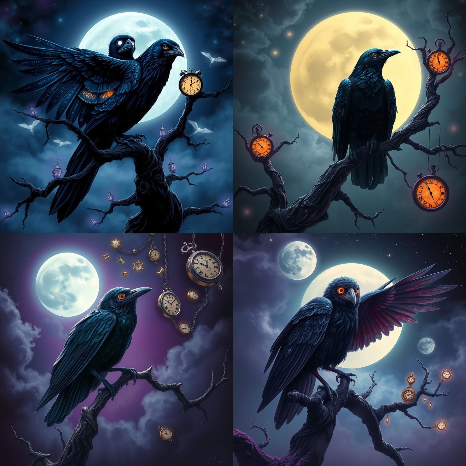 Mystical Raven with Clock Elements in Surreal Style