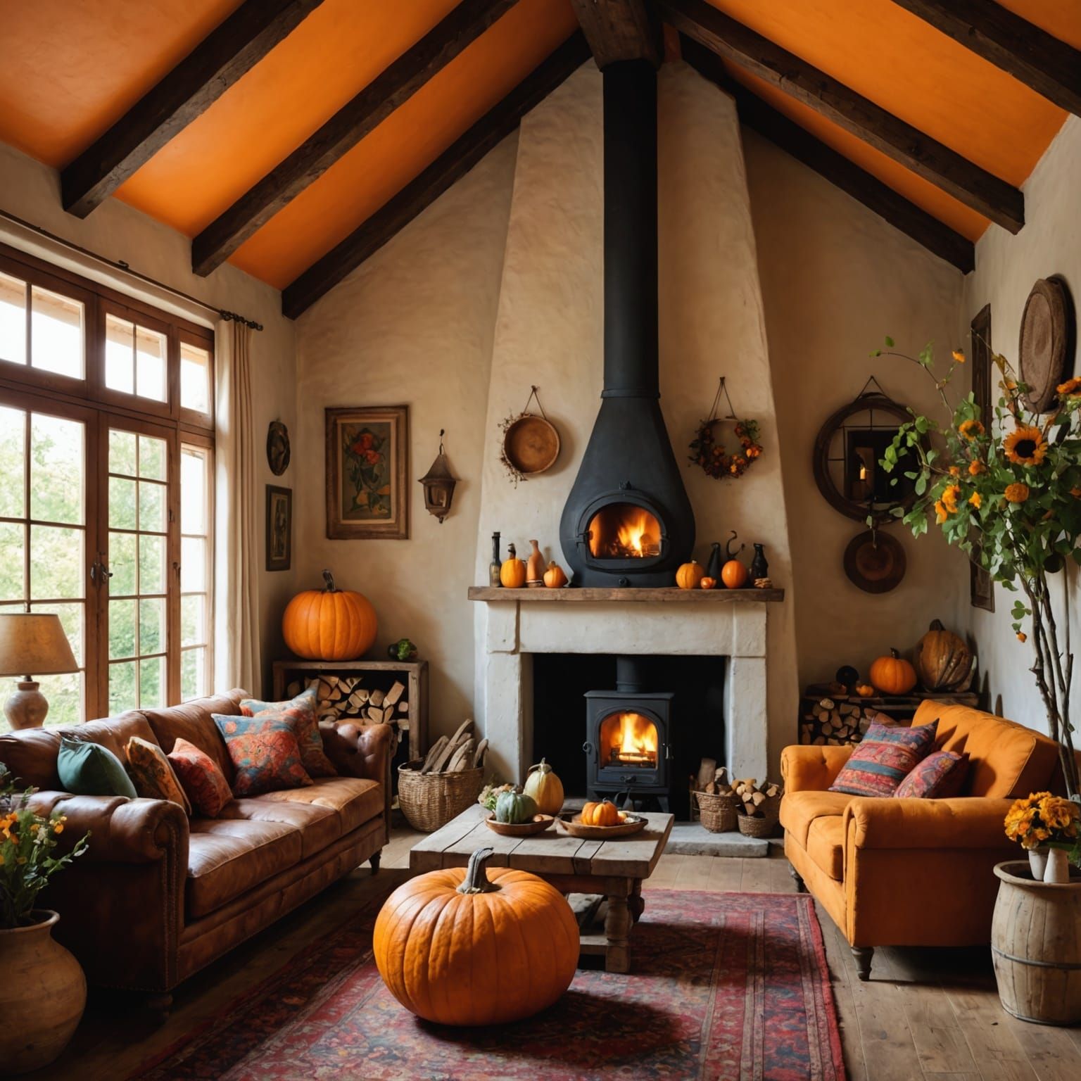 Boho Chic Living Room with Autumnal Pumpkins