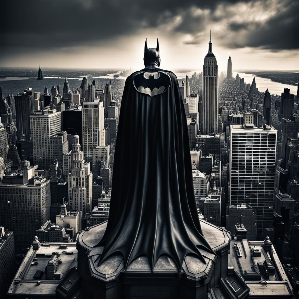 Batman Overlooking New York City in Hyperrealistic Style