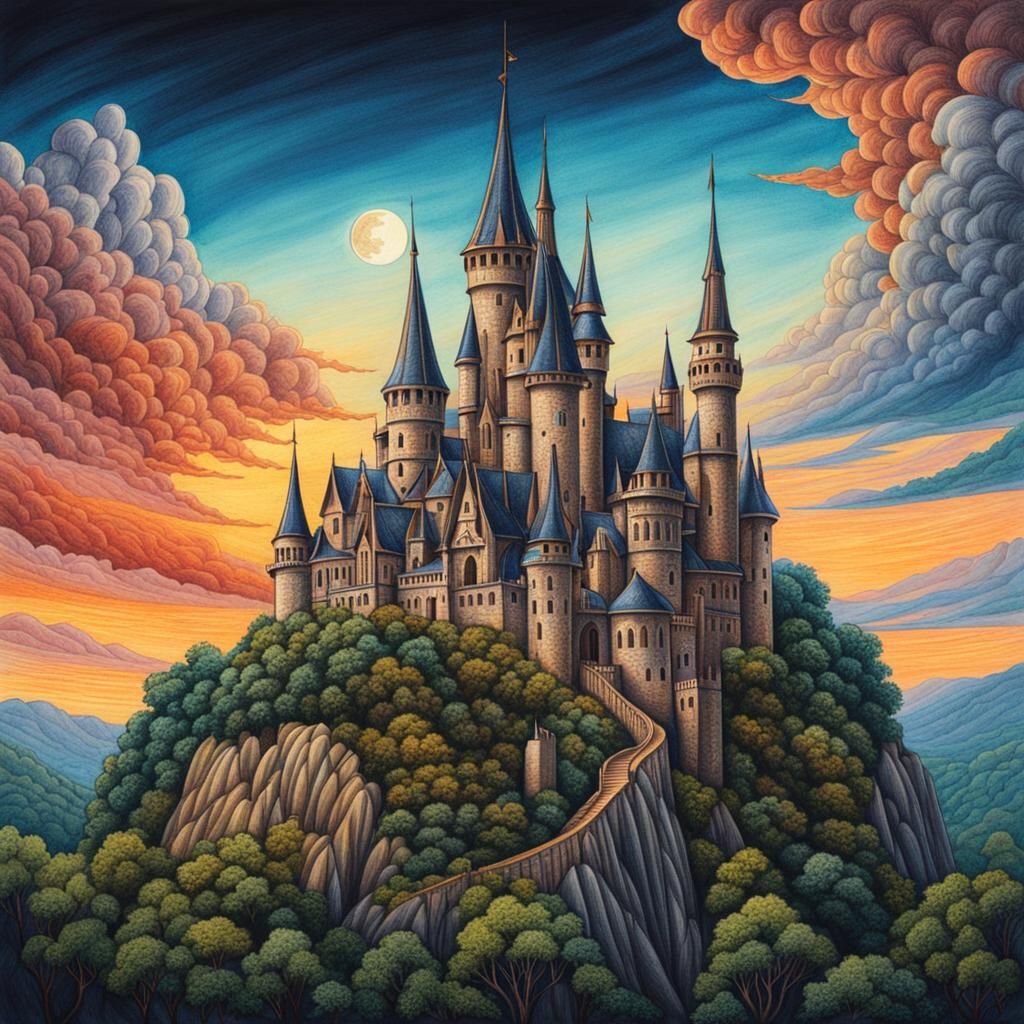 Mysterious Gothic Castle Colored Pencil Drawing