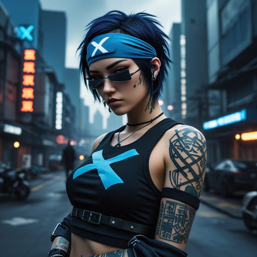 Anime Punk Girl with Eye Patch in Cyberpunk City