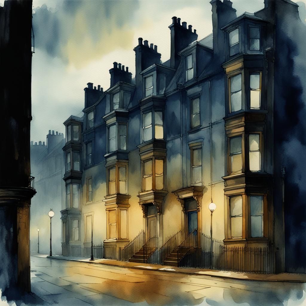 Glasgow Tenements in Moody Watercolour Style