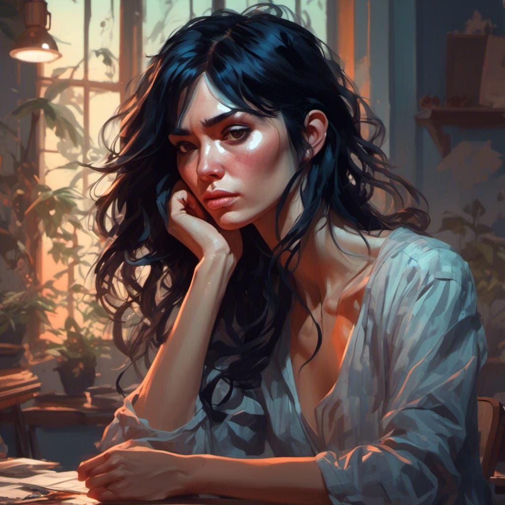 Depressed Woman Portrait in Hyperdetailed Digital Art