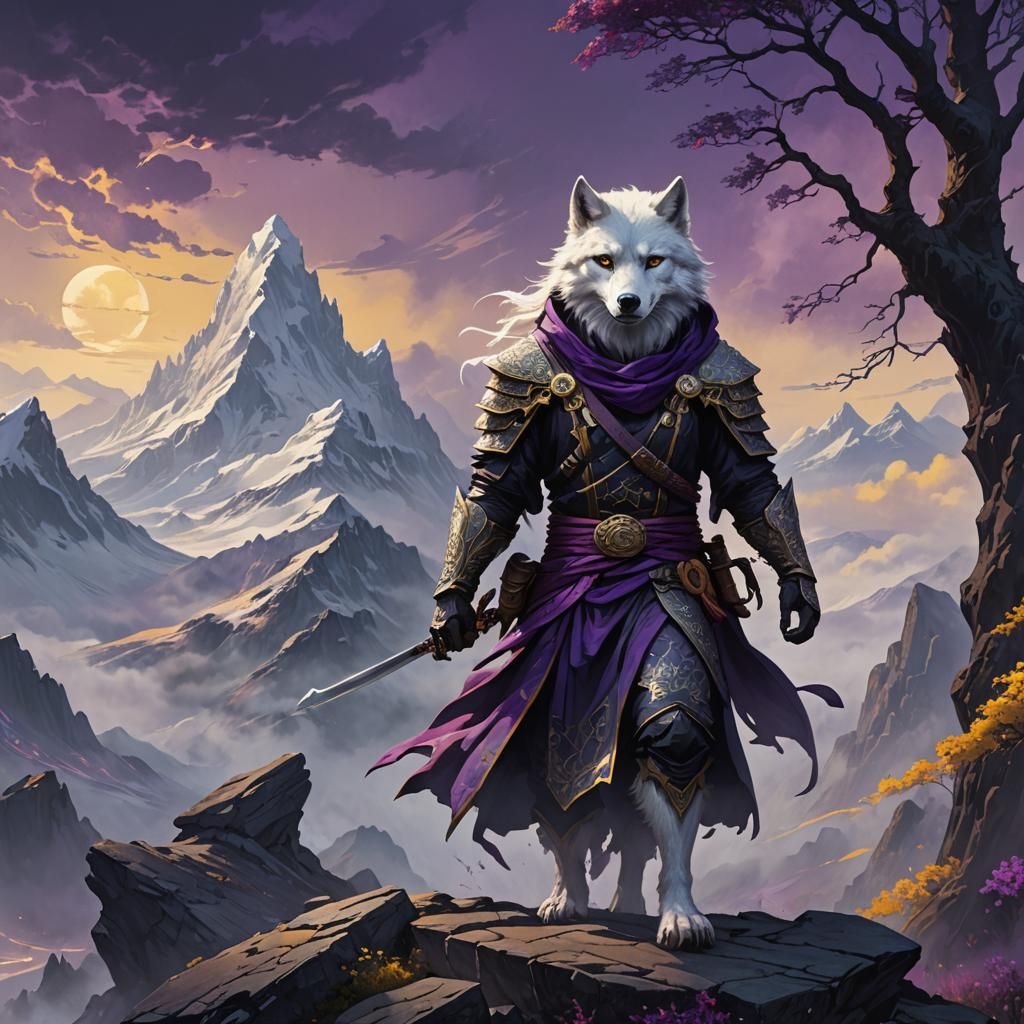 White Wolf Ninja on Misty Peak in Dark Fantasy
