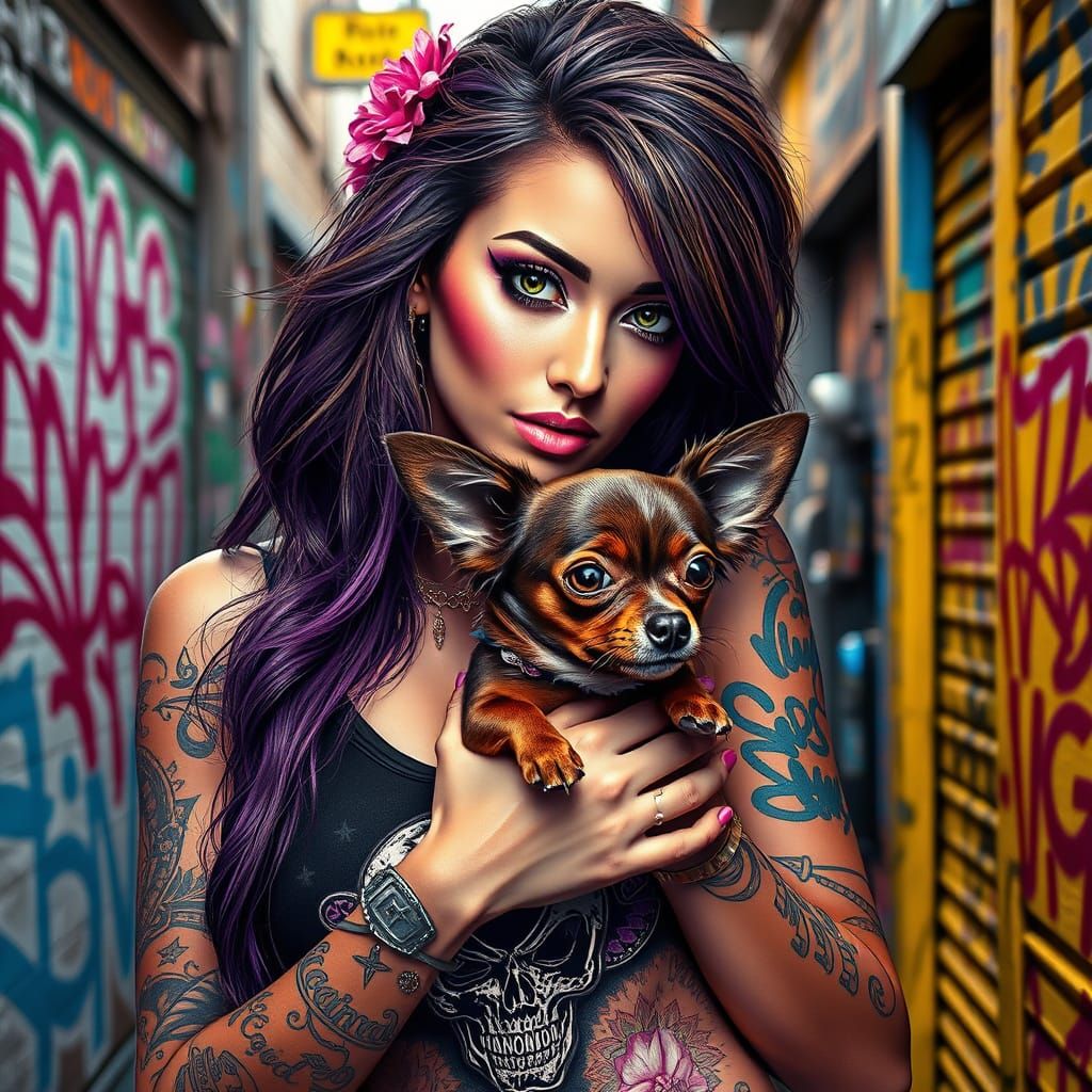 A stylish woman with long deep brown streaked messy hair, striking makeup, floral tattoos wearing a black tank top adorn...