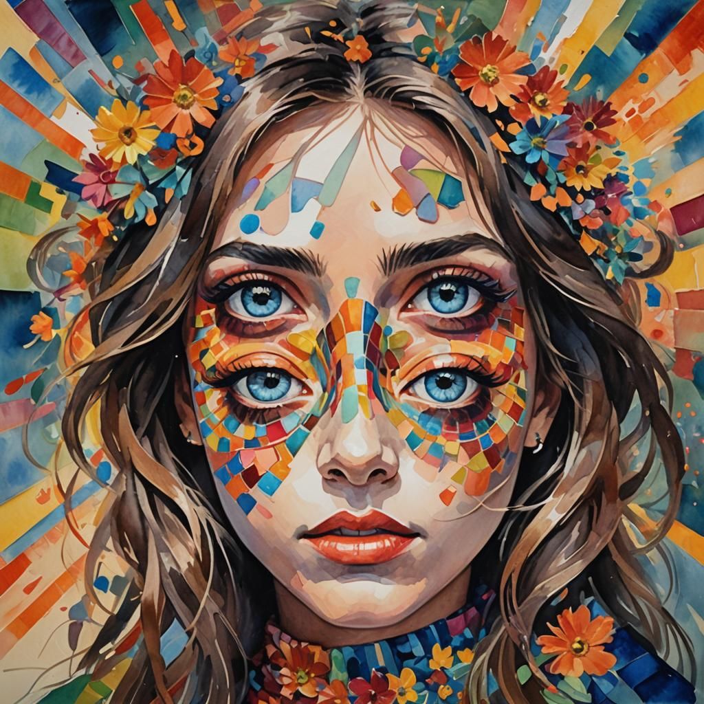 Girl with Kaleidoscope Eyes: Gouache Watercolor Impressionis...