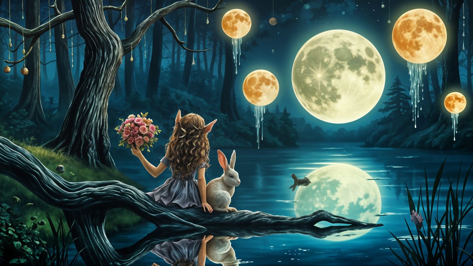 Enchanted Forest Elf and Bunny by Moonlight