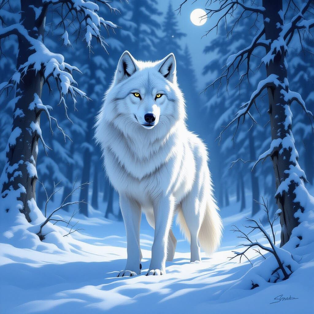Majestic White Wolf in Ancient Forest, Oil Painting