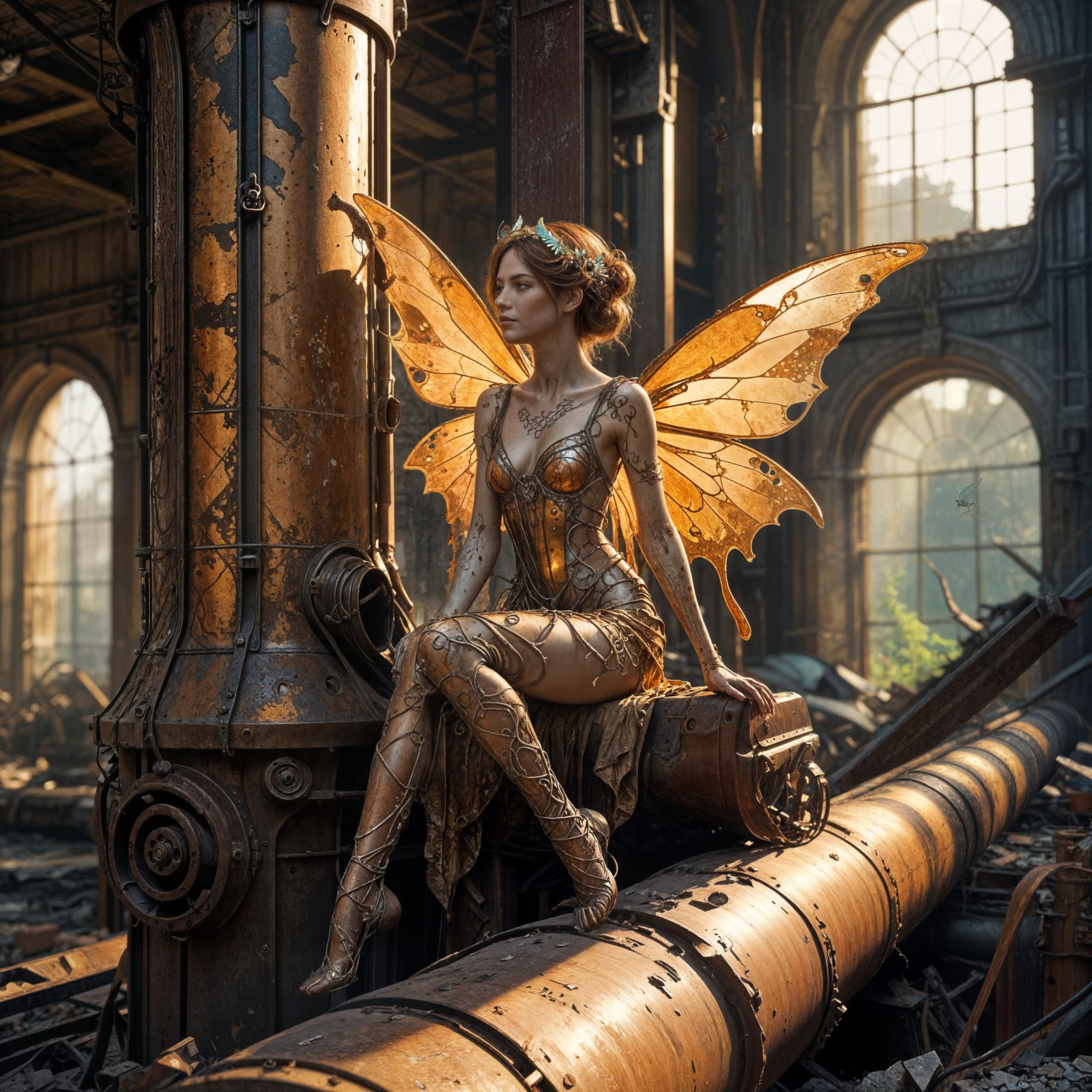 Rust Fairy in Abandoned Factory, Art Nouveau Style