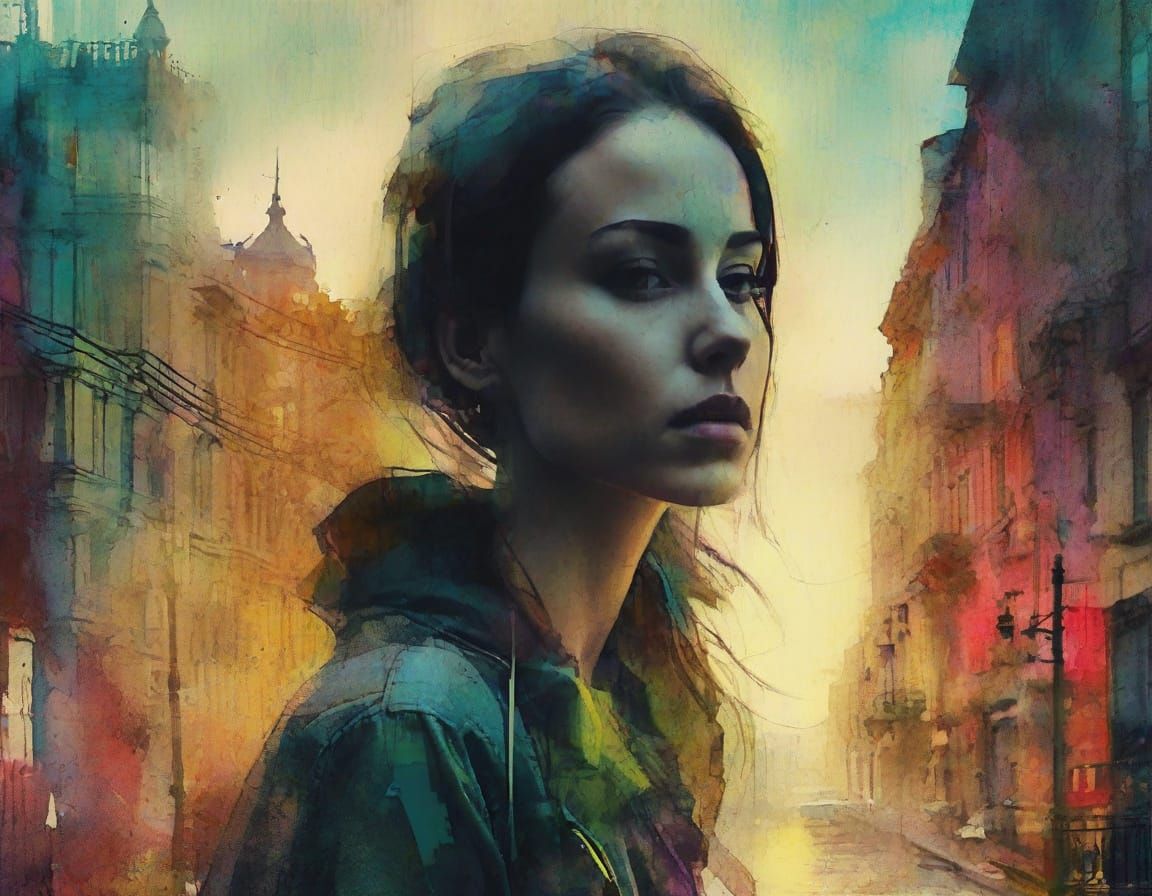 Woman Silhouette Merging With Gothic Cityscape Splash Art