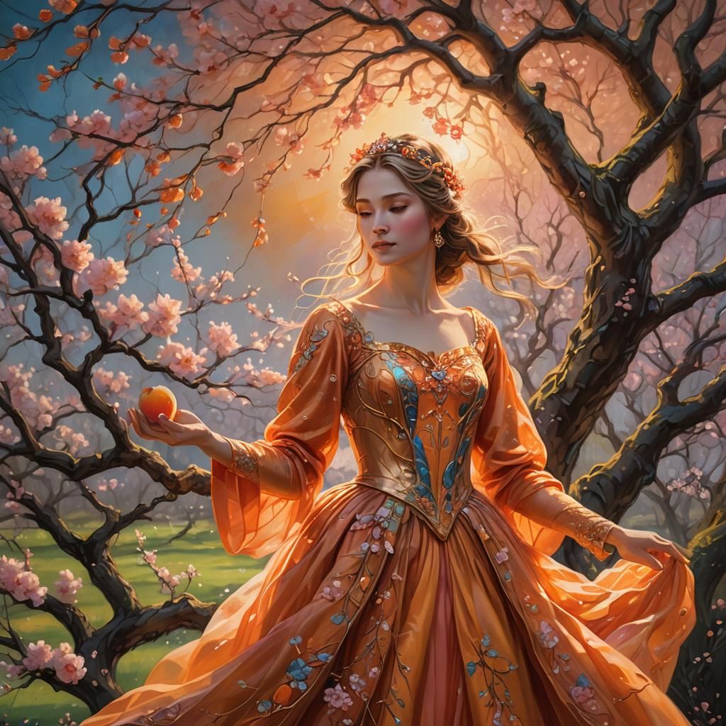 Magical Princess with Peach in Orchard, Oil Painting