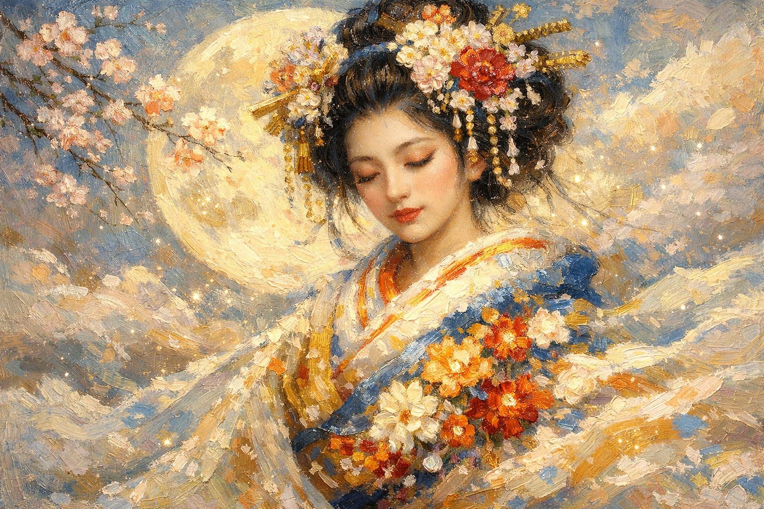 Ethereal Geisha in Impressionist Style with Rising Moon