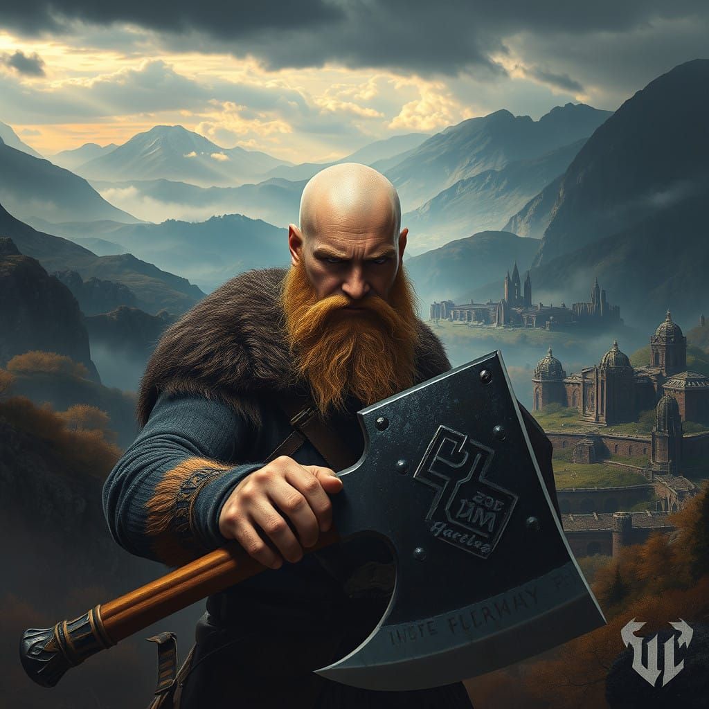 Bald Warrior Wields Greataxe in a Fantastical Landscape