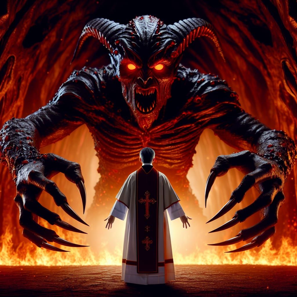 Demon Rising Before a Devoted Priest in a Fiery Underworld