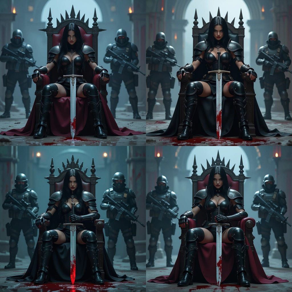 Octavia as Blood Queen Sits on Throne with Sword