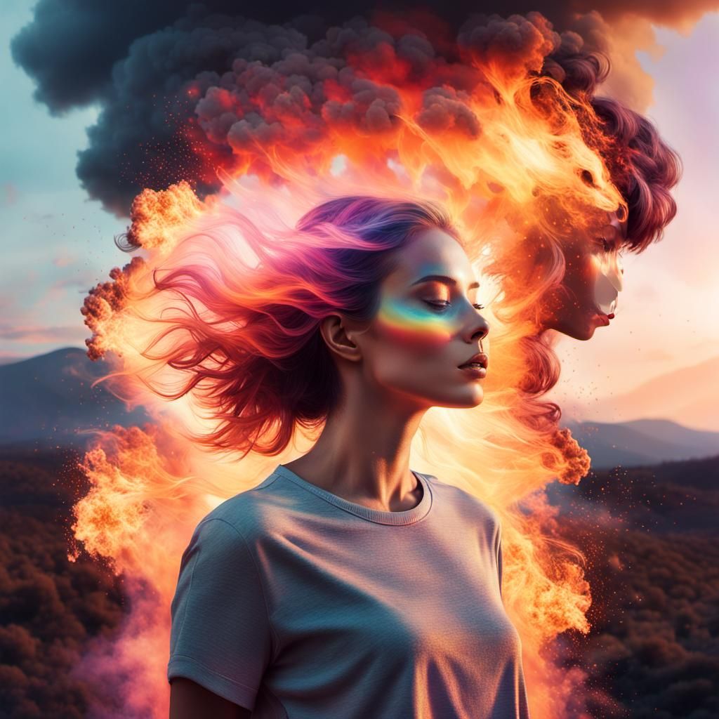 Dreamlike Girl in Rainbow Fire Explosion: Double Exposure