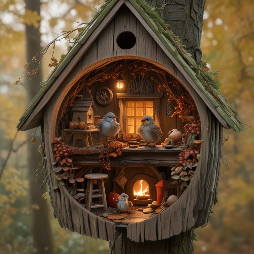 Cozy Birdhouse World: Miniature Autumn Cabin Life