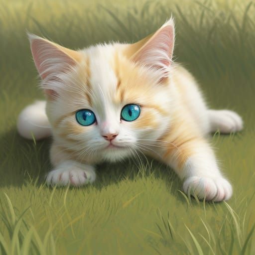 Playful Kitten in Grass, Rococo Oil Painting