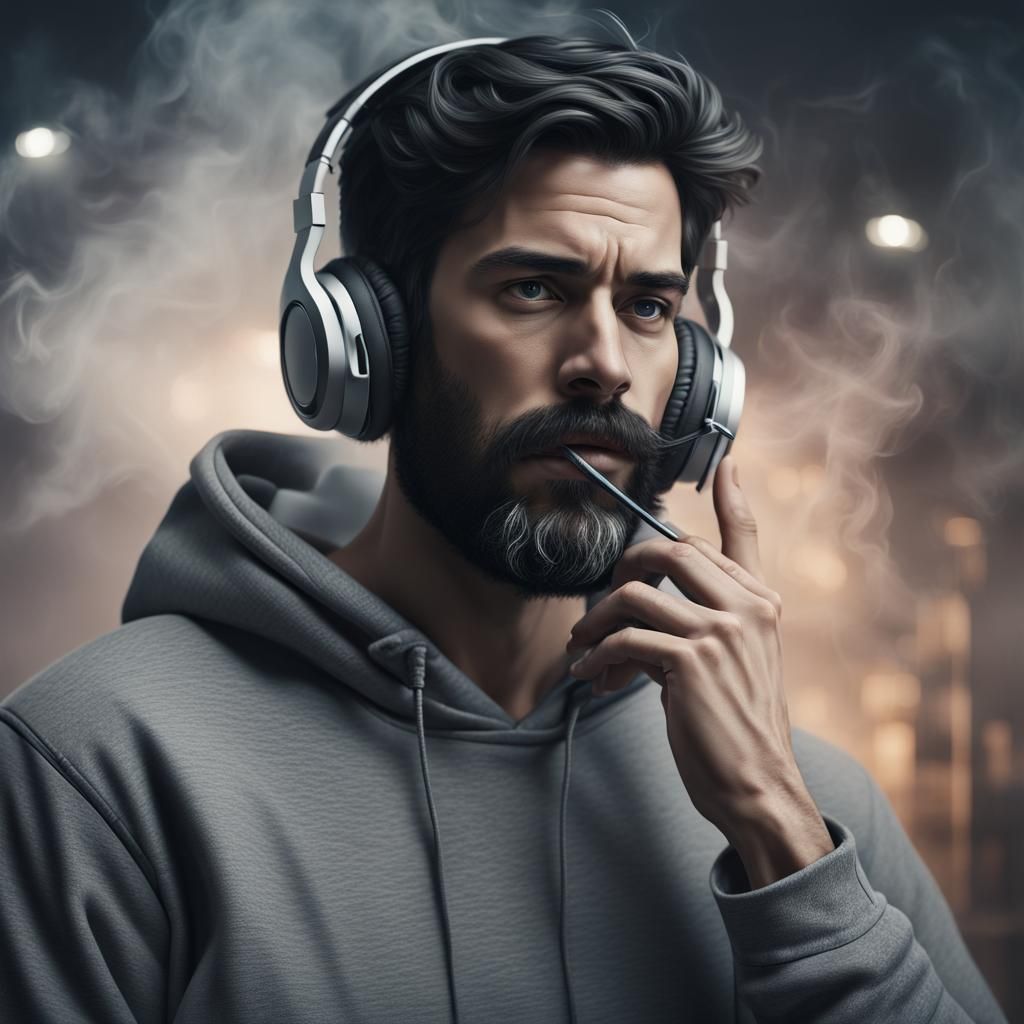 Dramatic Portrait of Man with Headset in Smoke
