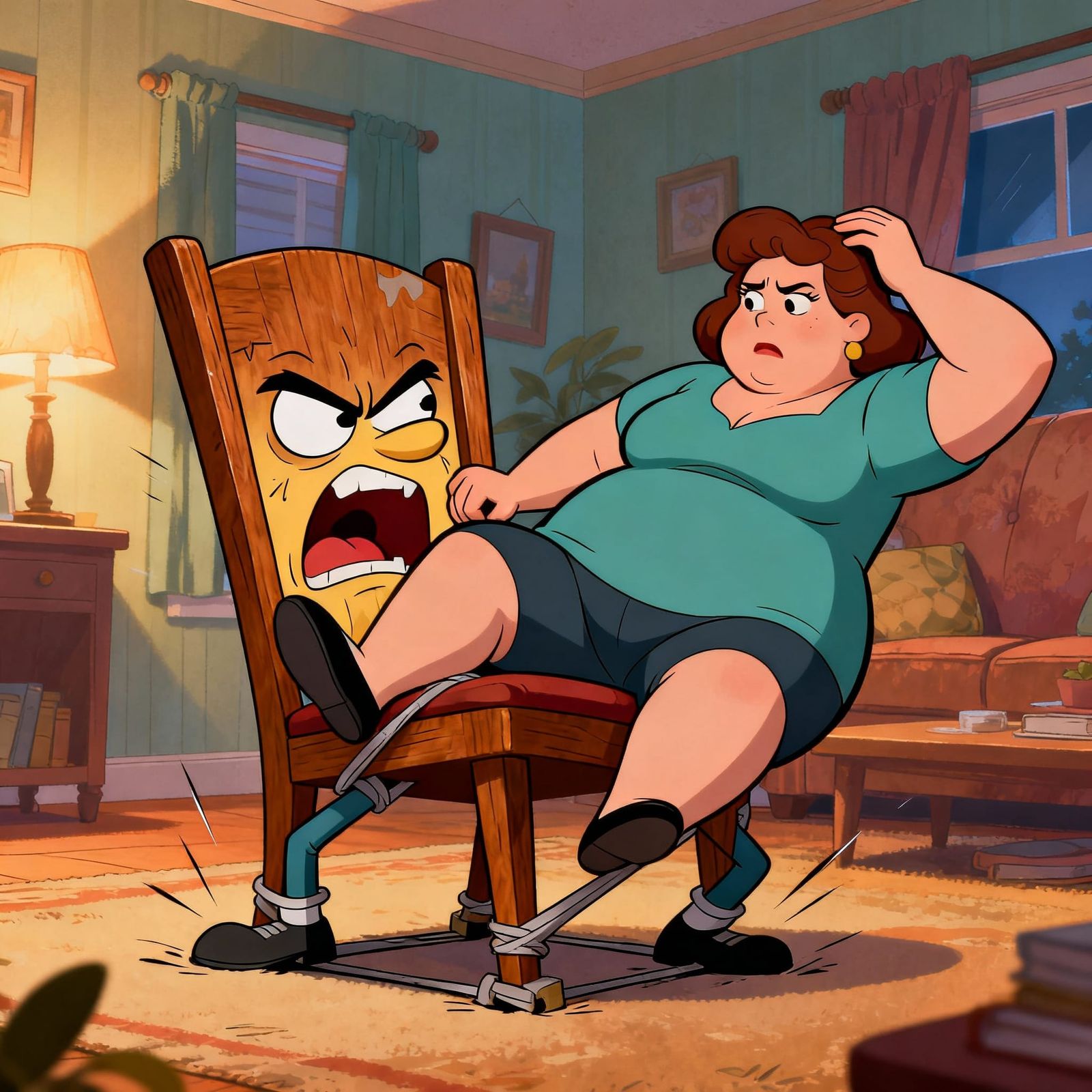 Cartoon Living Room: Agonized Chair With Woman