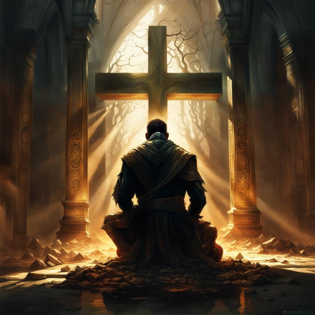 Man Praying in Shadow of Cross: Splash Art