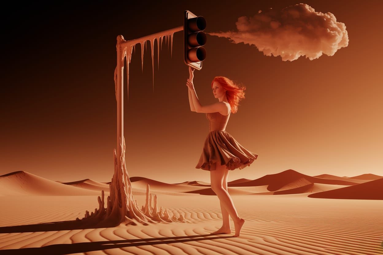 Surreal Desert Scene with Woman and Traffic Light, Dalí Styl...