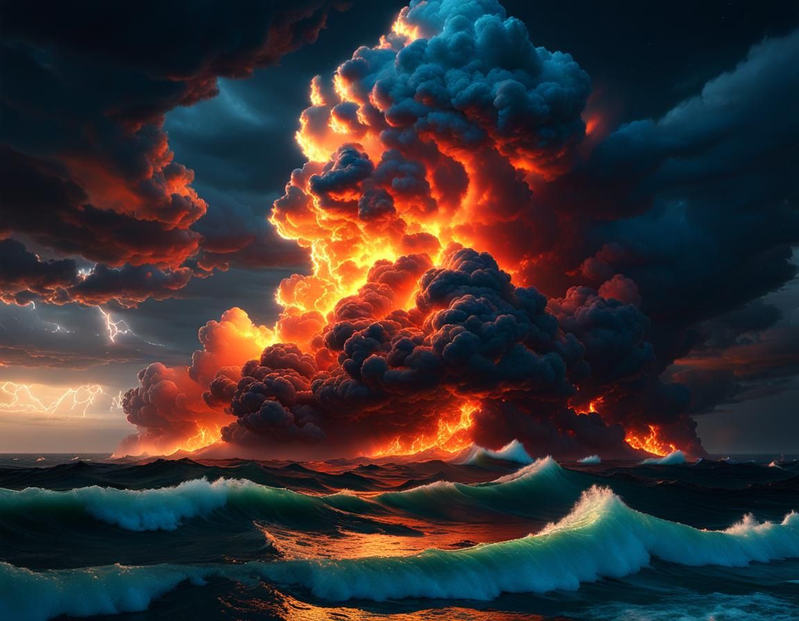 Fiery Storm Clouds Over a Stormy Sea
