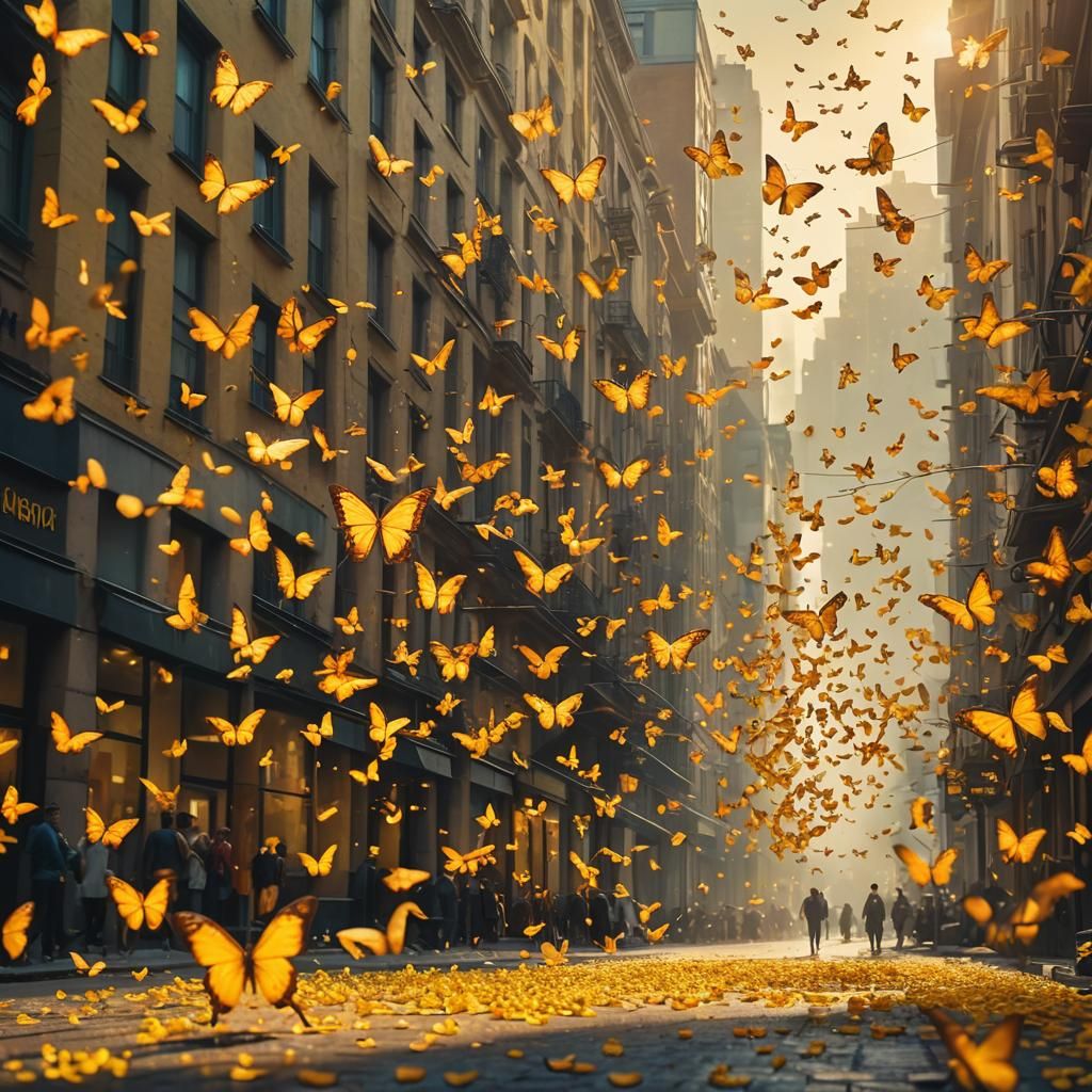 Yellow Butterflies Fill City Street: Digital Matte Painting