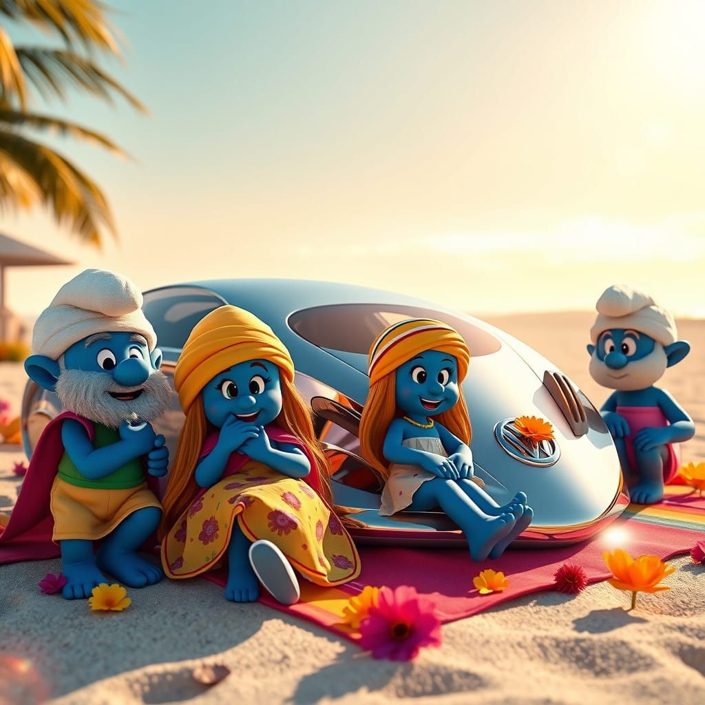 Smurfs in Joyful Beachside Gathering near Futuristic Volkswa...