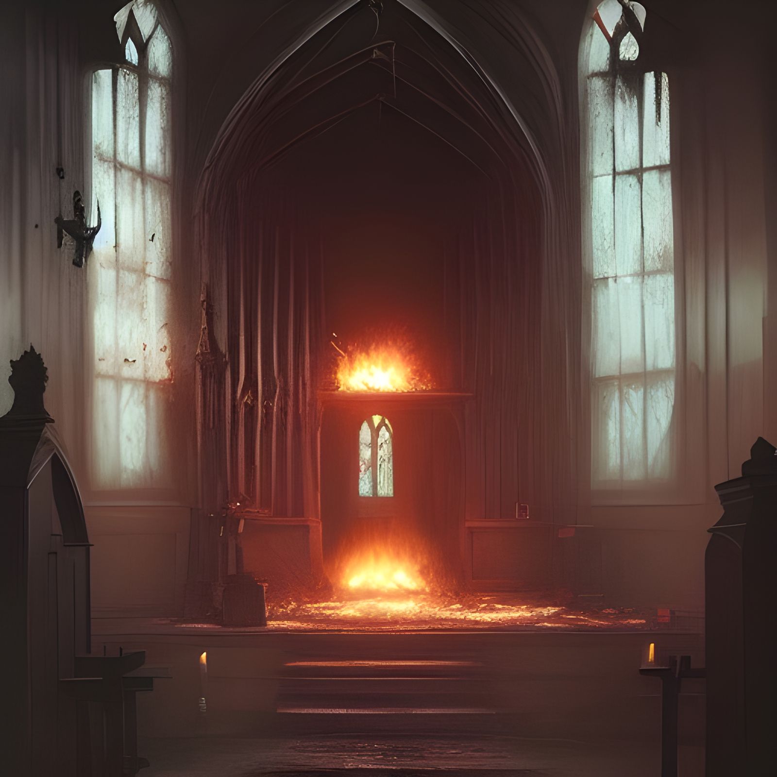 Sinister Witch Burning in Church, Fantasy Art