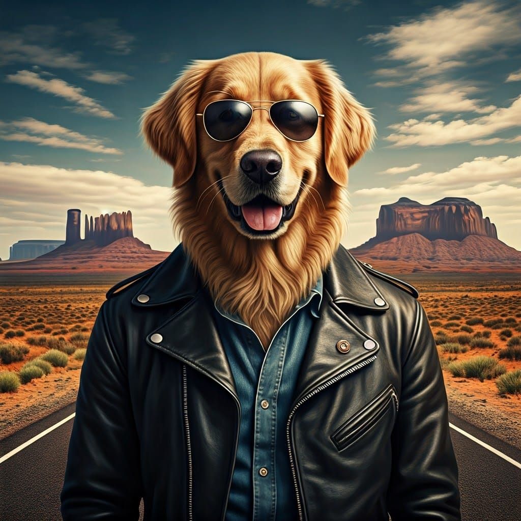 Golden Retriever as Easy Rider in Southwest Landscape
