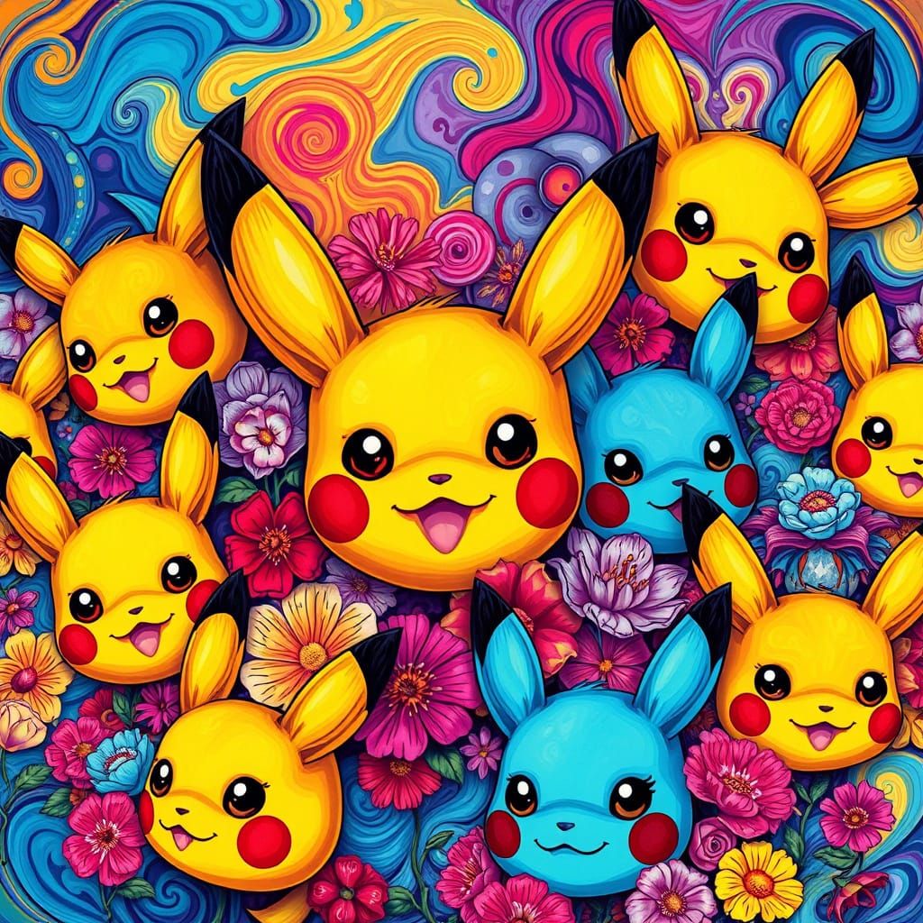 Whimsical Pikachu Floral Wonderland in Vibrant Digital Art