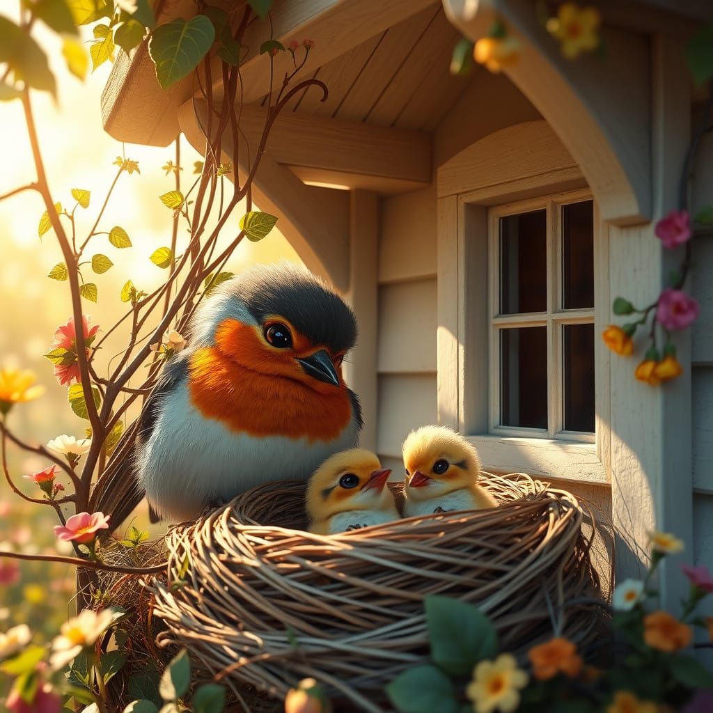 Whimsical Robin Mother with Chicks in Enchanted Garden