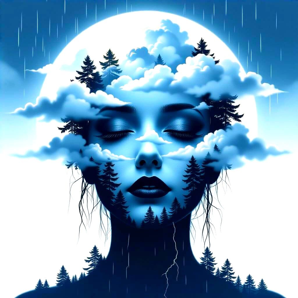 Surreal Silhouette of Tree Figure in Cloudy Lightning