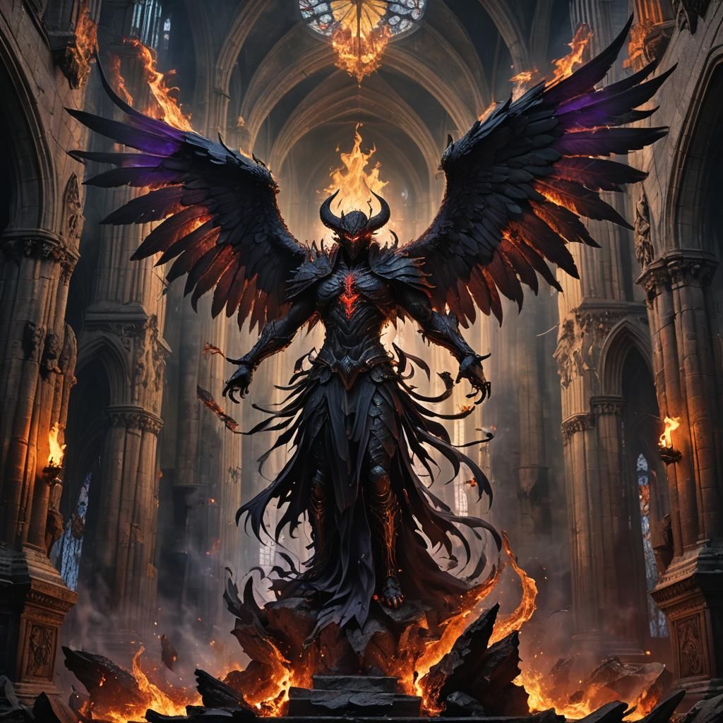 Demonic Angel Unfolding Wings in Gothic Cathedral