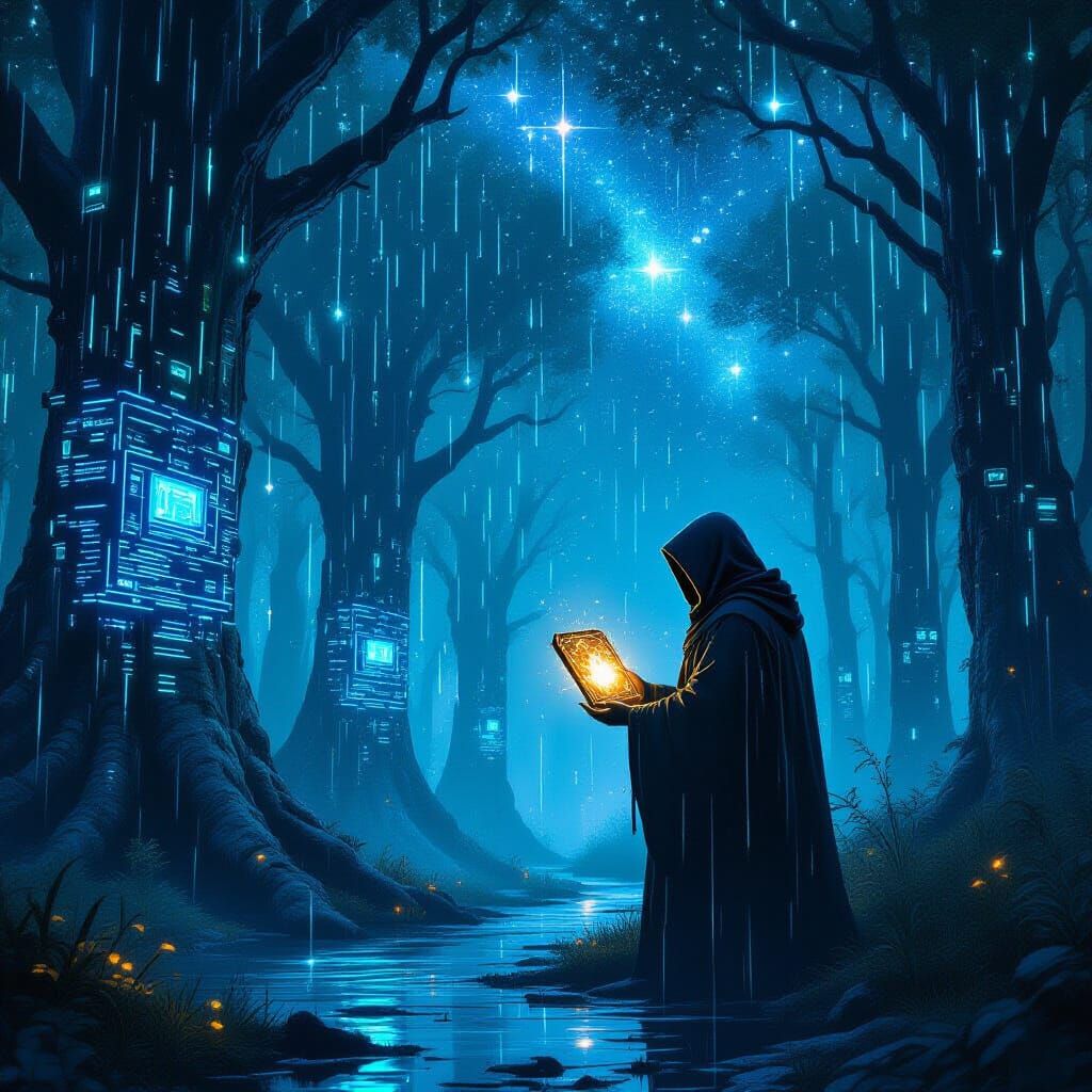 Mysterious Figure in Bioluminescent Forest, Sci-Fi Art