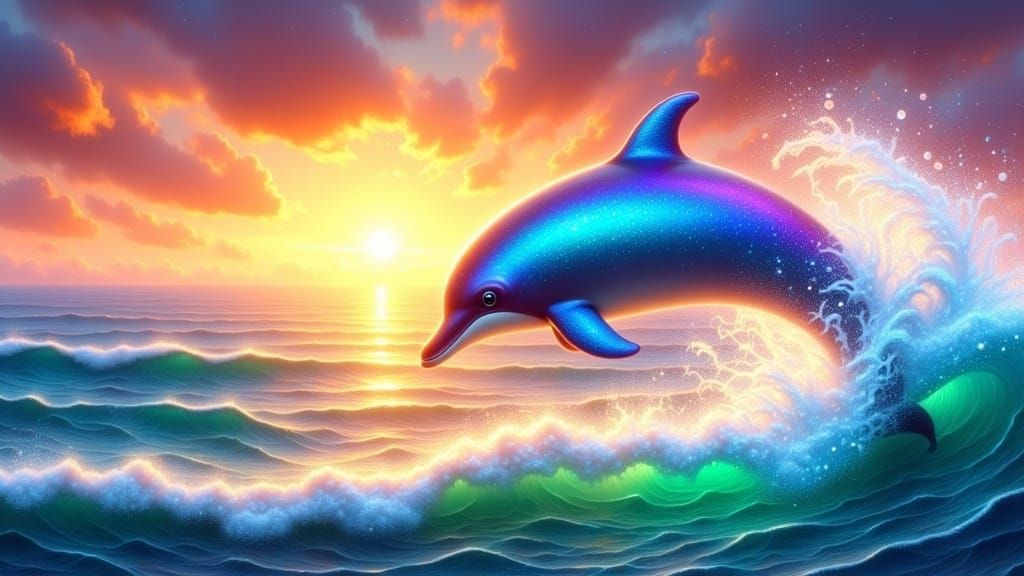 Prismatic Dolphin Emerges into Vibrant Sunrise