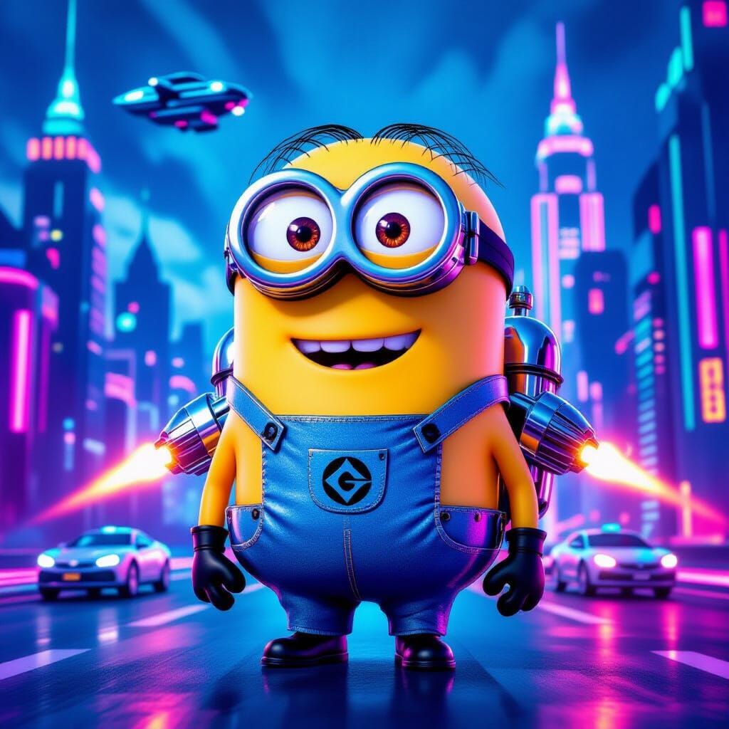 Retro Futuristic Minion in Neon Cityscape