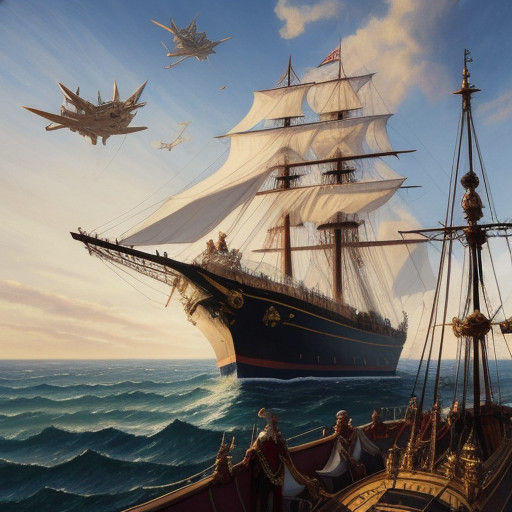 Futuristic Flying Galleon in Fiery Skies with Elven Prince