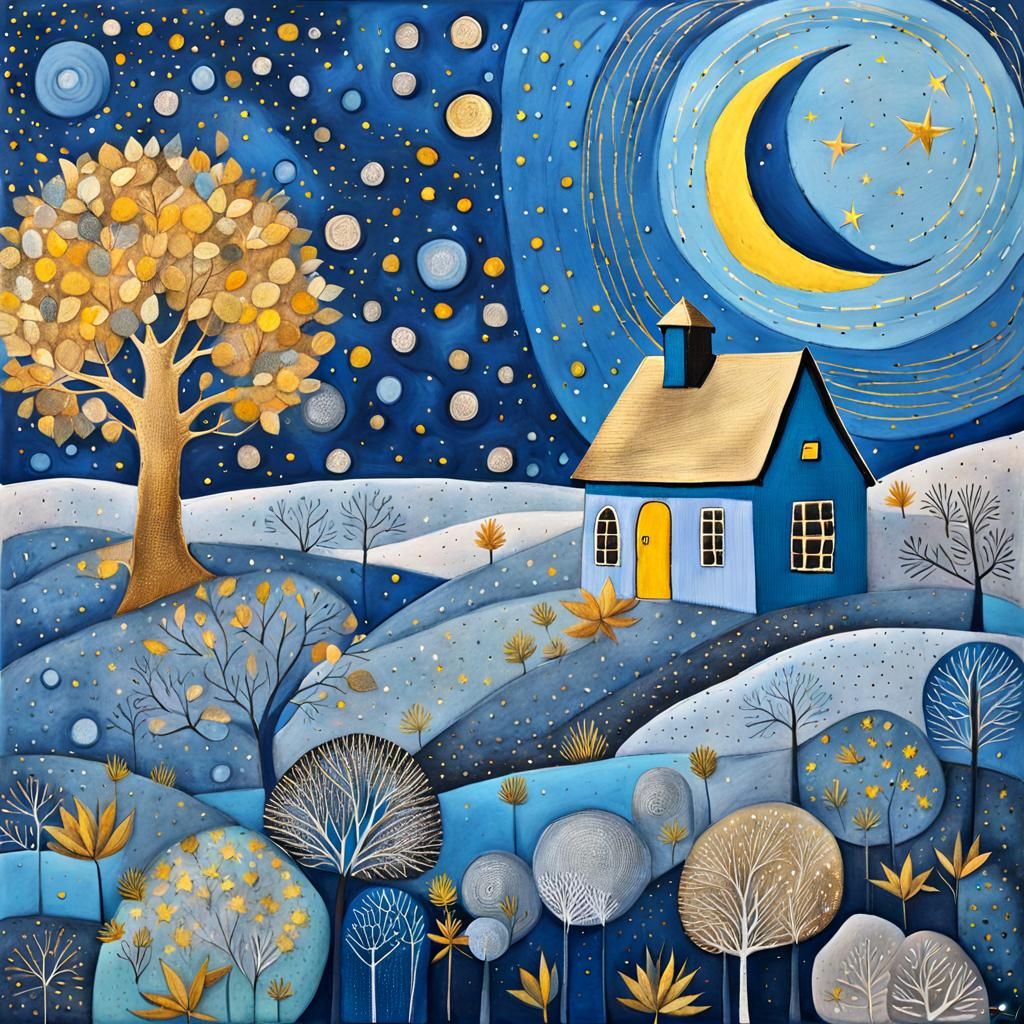 Blue Lunar Landscape in Art Brut Style