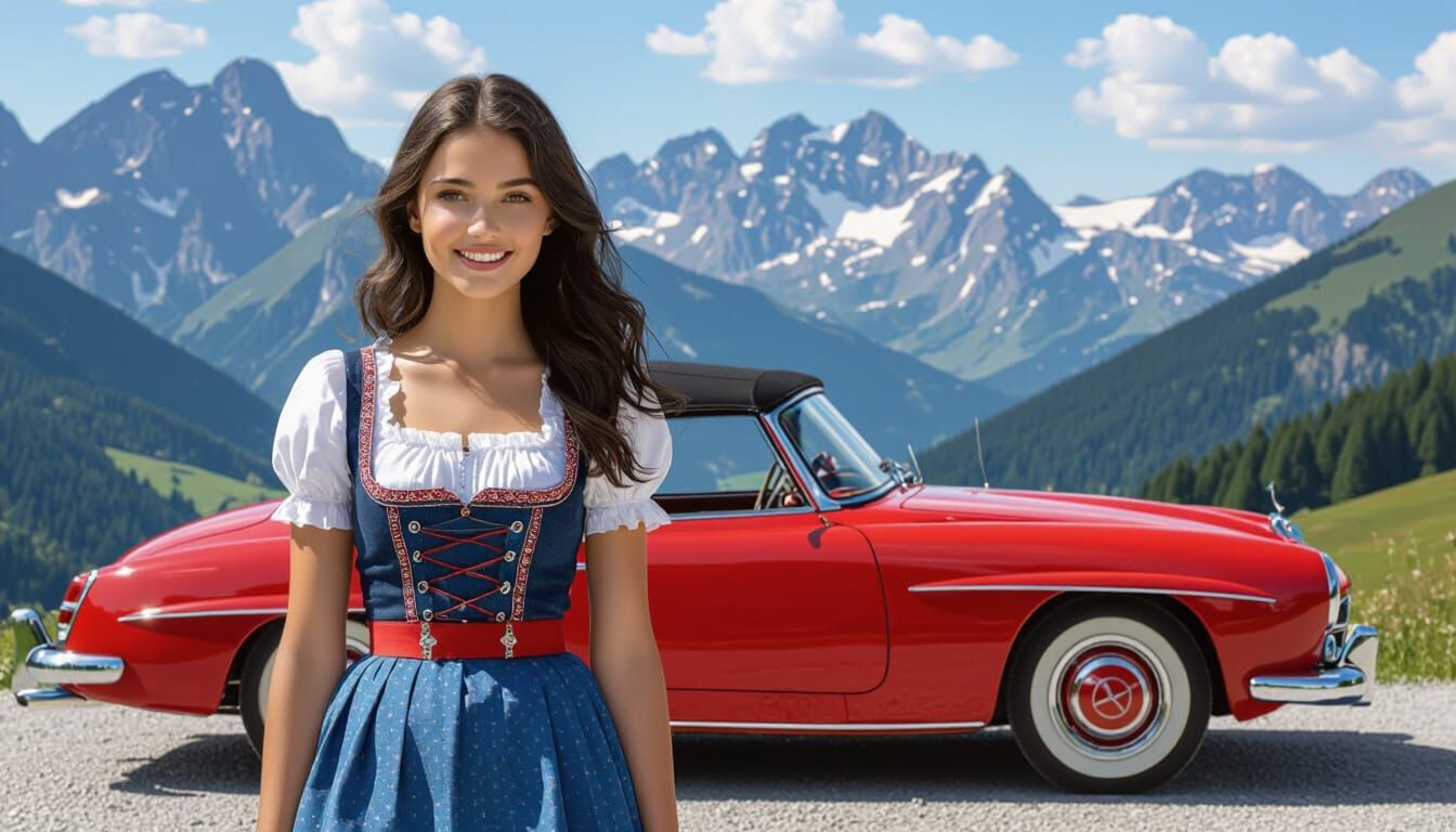 Dirndl Girl with 1959 Mercedes 190sl in Alps