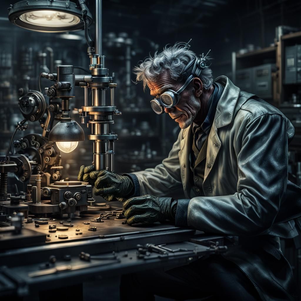 Hyperrealistic Dr. Frankenstein in Moody Lab