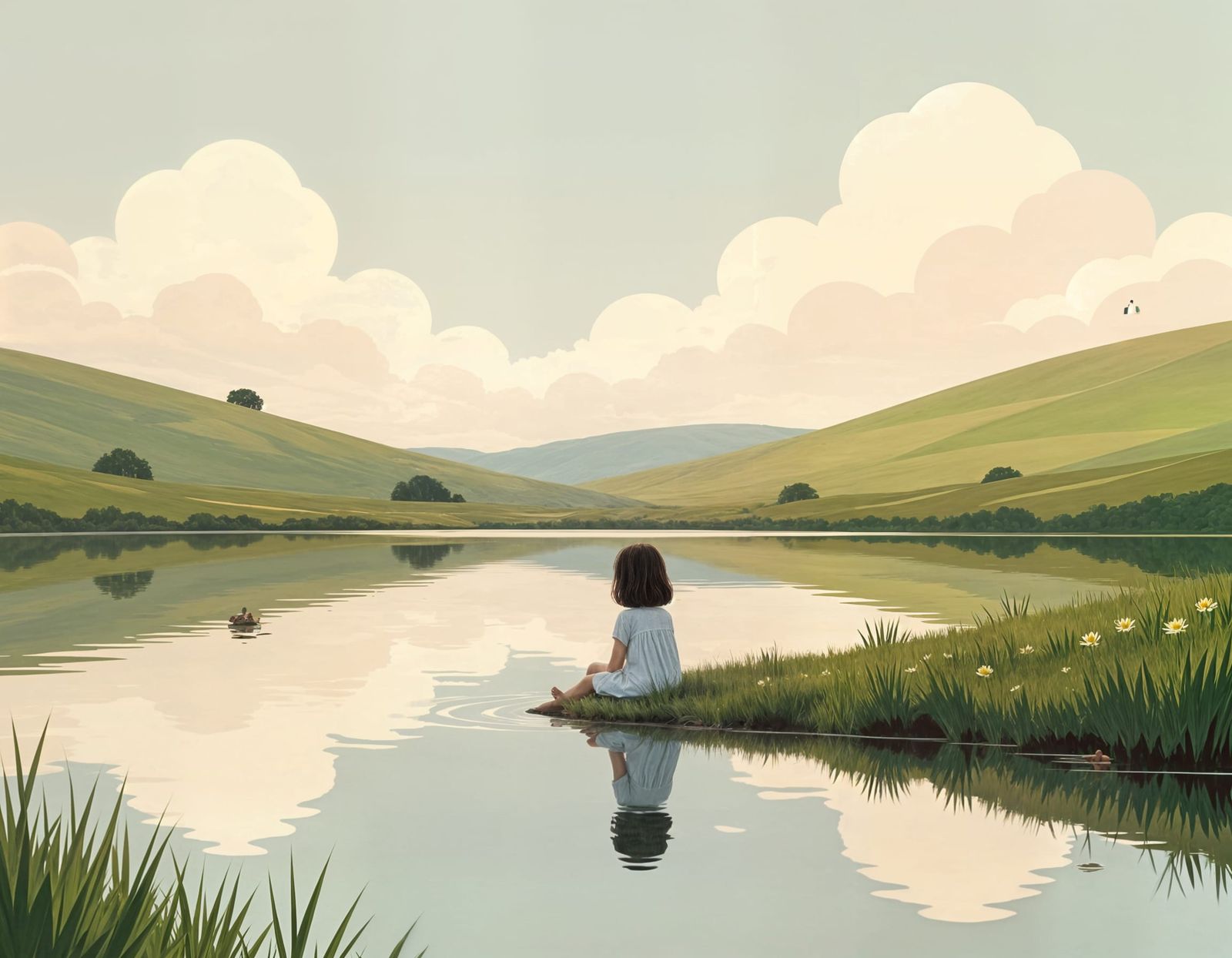 Girl by Reflective Pond in Serene Nature