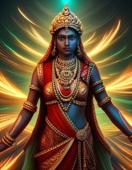 Radiant Hindu-Futurism: Incandescent Kushmanda with Eight Ar...