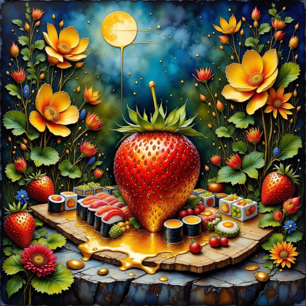 Melting Golden Strawberry in Moonlit Garden