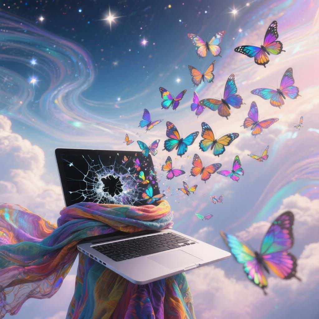 Laptop Releasing Butterflies in Surreal Landscape